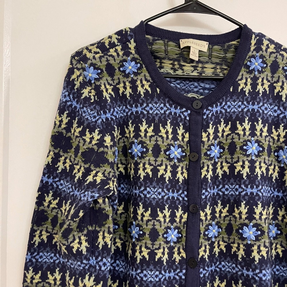 Vintage Appleseeds Floral Embroidered Blue Cardigan Cottagecore Grandmacore - Picture 2 of 6